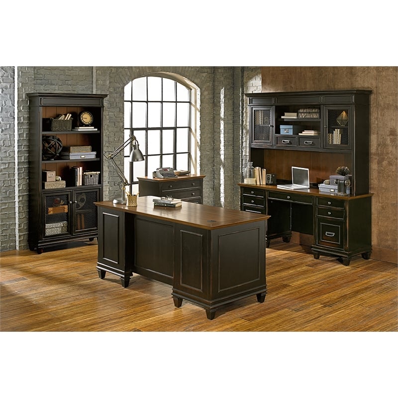 Pemberly Row Wood Double Pedestal Desk Office Desk Office Table Black
