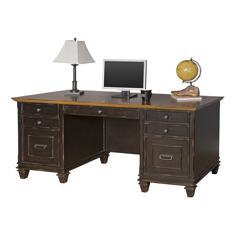 Pemberly Row Wood Double Pedestal Desk Office Desk Office Table Black
