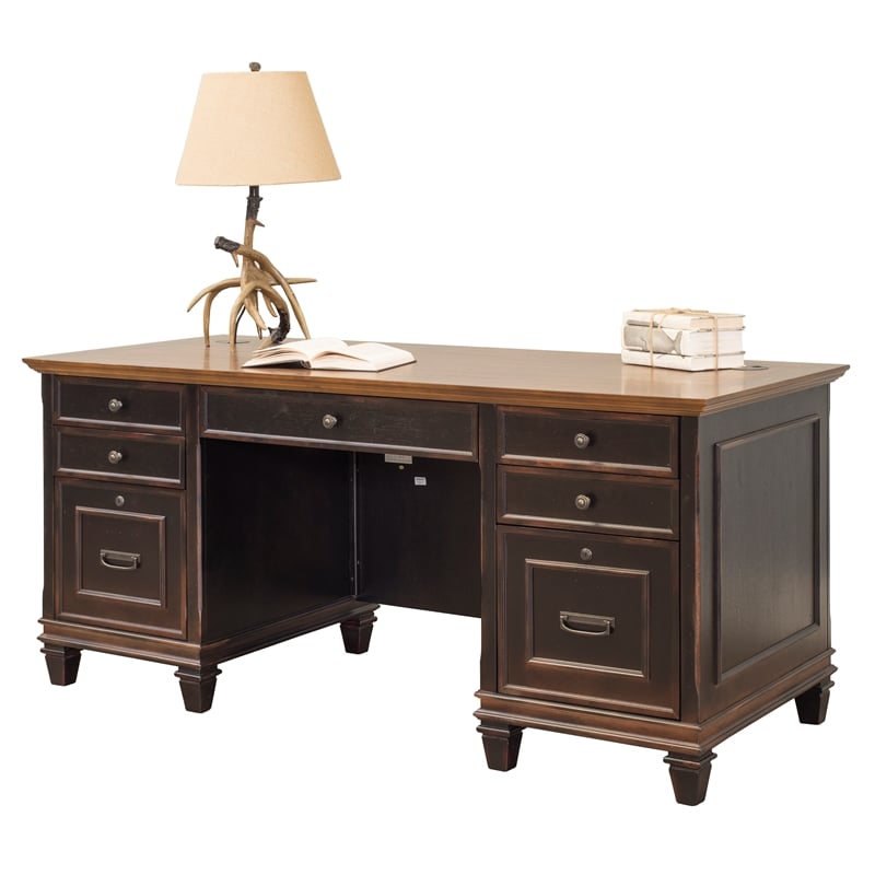 Pemberly Row Wood Double Pedestal Desk Office Desk Office Table Black