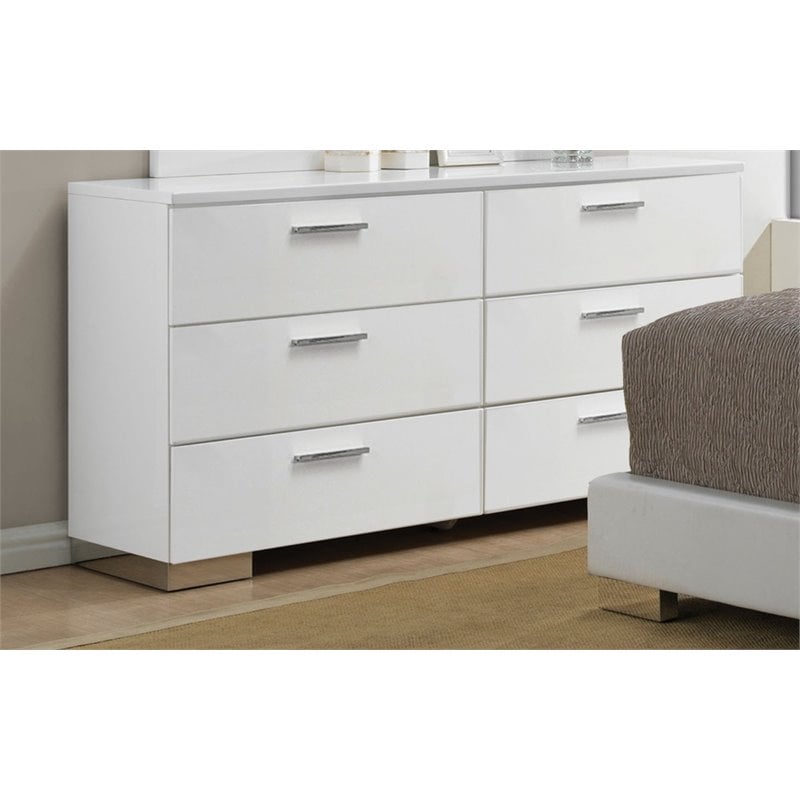 Pemberly Row Contemporary 6 Drawer Dresser in High Gloss White