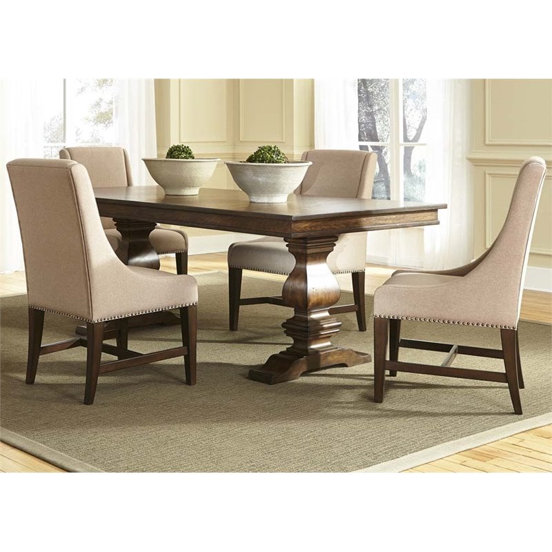 Pemberly Row Contemporary Wood Trestle Table & Upholstered Linen Chairs