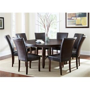 Pemberly Row Dark Oak 9-Piece Dining Set with Brown Leather Chairs