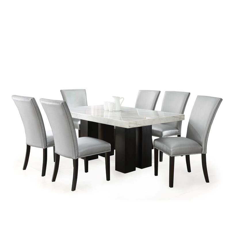 Pemberly Row Marble Top Rectanglular 7 Piece Dining Set in Silver