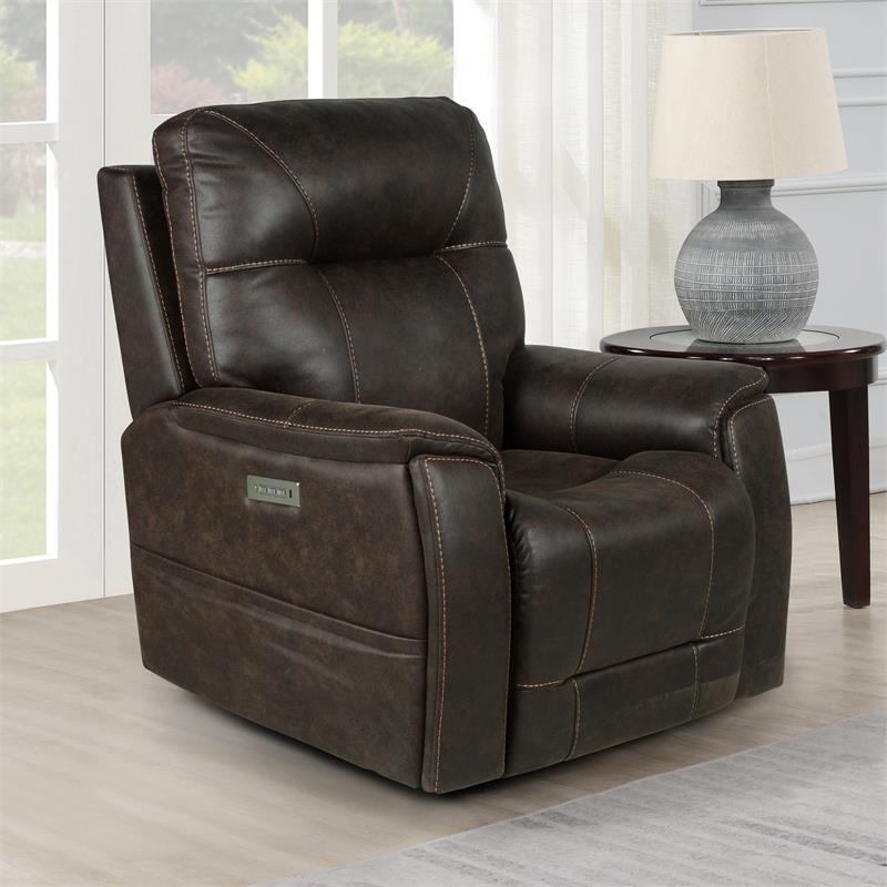 Pemberly Row Contemporary Brown Faux Leather Power Media Recliner