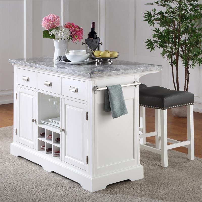 Pemberly Row Contemporary Wood White Kitchen Island 3-Piece Set