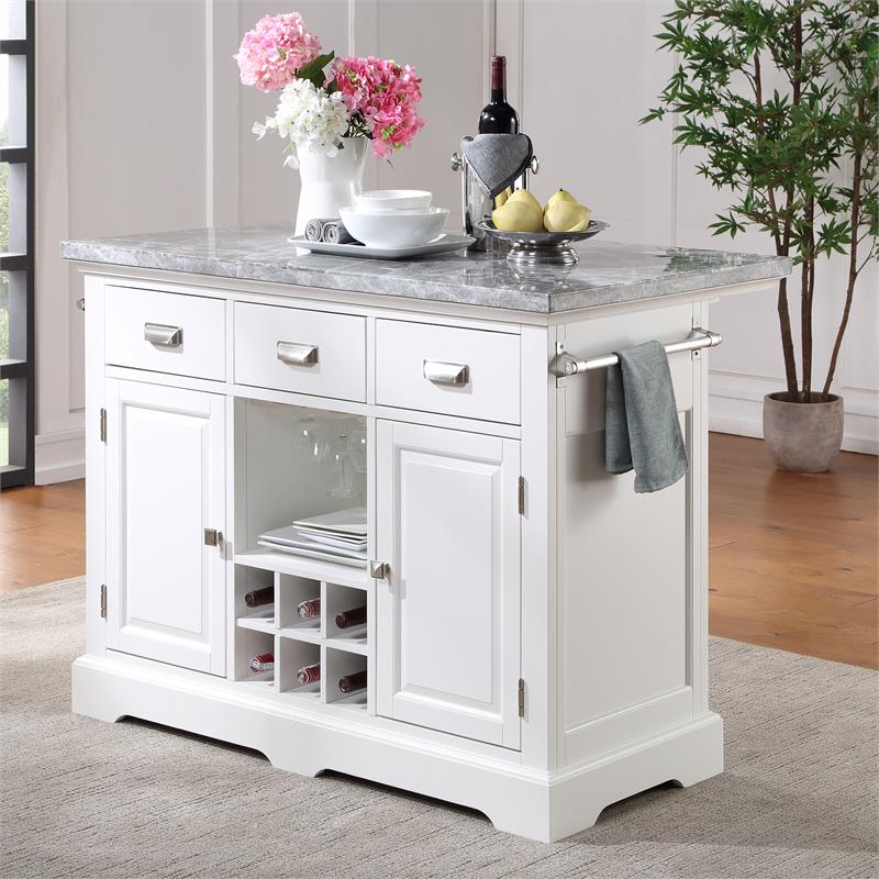 Pemberly Row Contemporary Wood White Kitchen Island 3-Piece Set