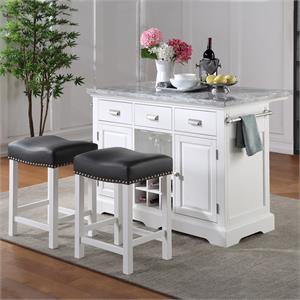 Pemberly Row Contemporary Wood White Kitchen Island 3-Piece Set