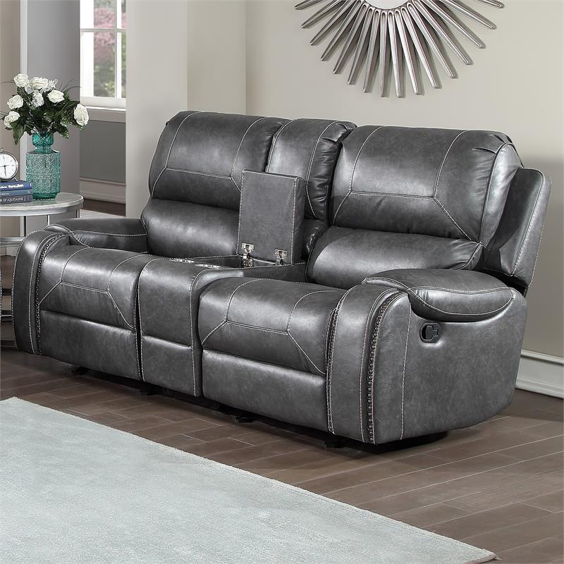 Pemberly Row Gray Faux Leather Manual Glider Recliner Loveseat