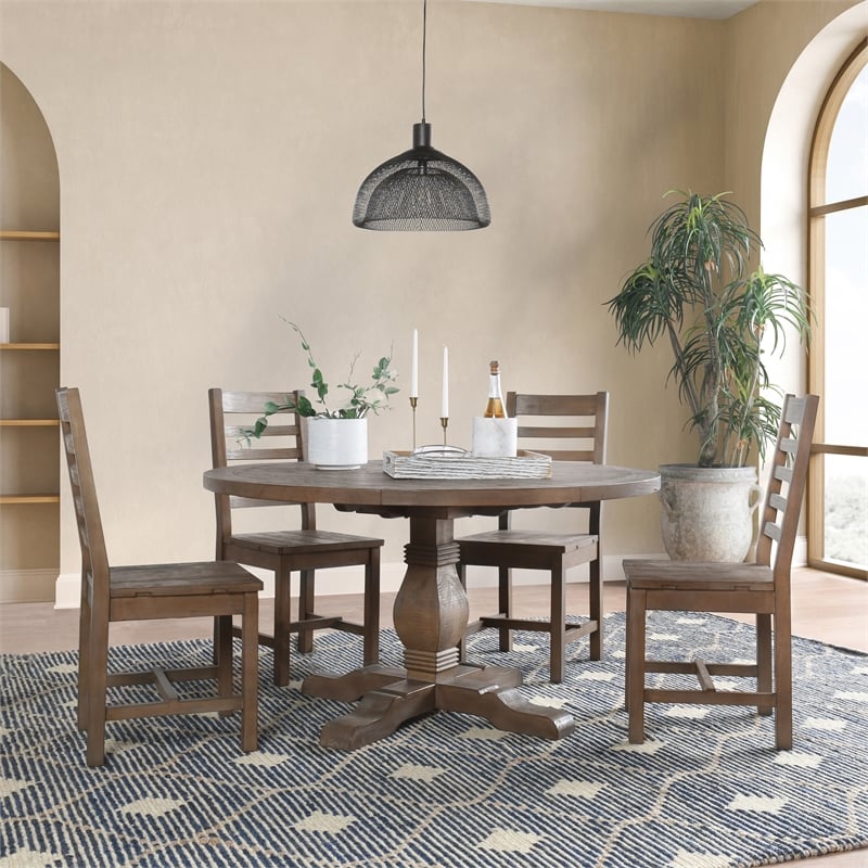 Pemberly Row Round Reclaimed Pine Dining Table in Weathered Brown