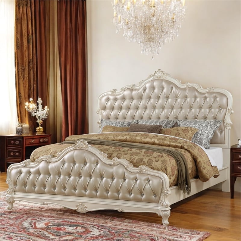 Pemberly Row Eastern King Tufted Faux Leather Bed in Rose Gold and Pearl White