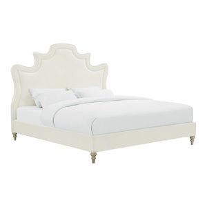 Pemberly Row 63.8&quotH Transitional Velvet Upholstered King Bed in Cream