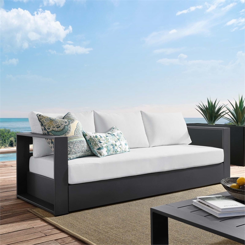 Pemberly Row Modern Powder-Coated Aluminum/Fabric Outdoor Sofa in White/Gray