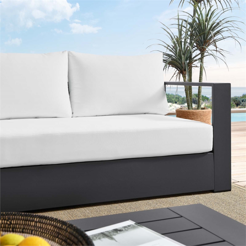 Pemberly Row Modern Powder-Coated Aluminum/Fabric Outdoor Sofa in White/Gray