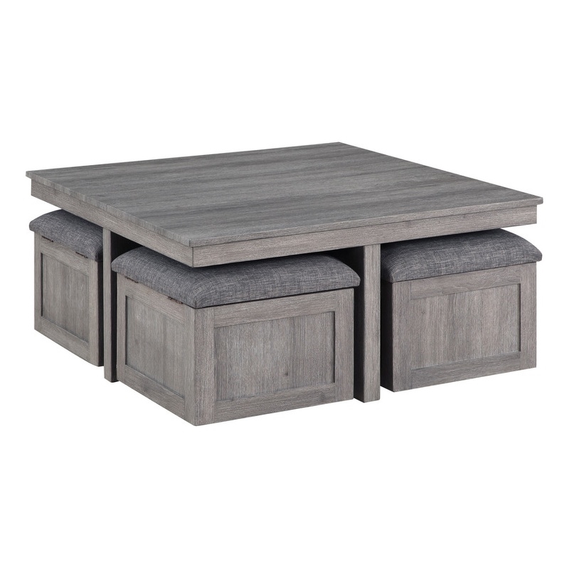 Pemberly Row Distressed Gray Wood Coffee Table with Storage Stools