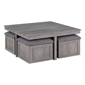 Pemberly Row Distressed Gray Wood Coffee Table with Storage Stools