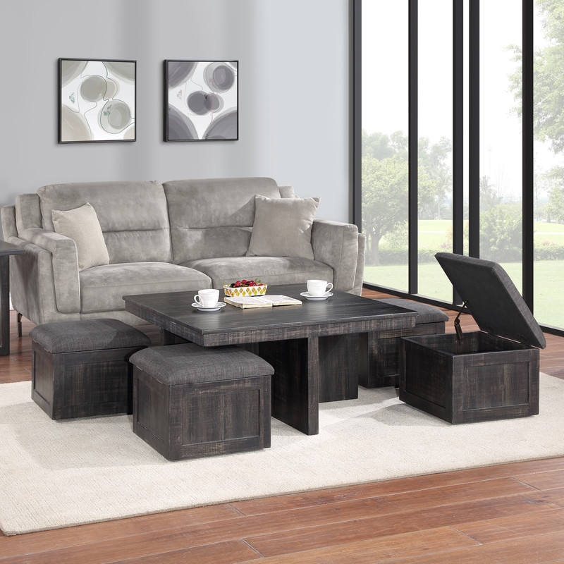 Pemberly Row Contemporary Gray Oak Wood Coffee Table with Storage Stools