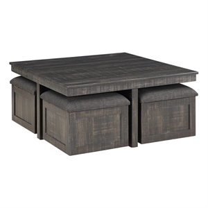 Pemberly Row Contemporary Gray Oak Wood Coffee Table with Storage Stools