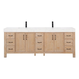 Pemberly Row 84&quot Wood Double Vanity with Adjustable Drawer in Brown/White