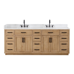 Pemberly Row 84&quot Wood Vanity in Light Brown with Composite Stone Top no Mirror