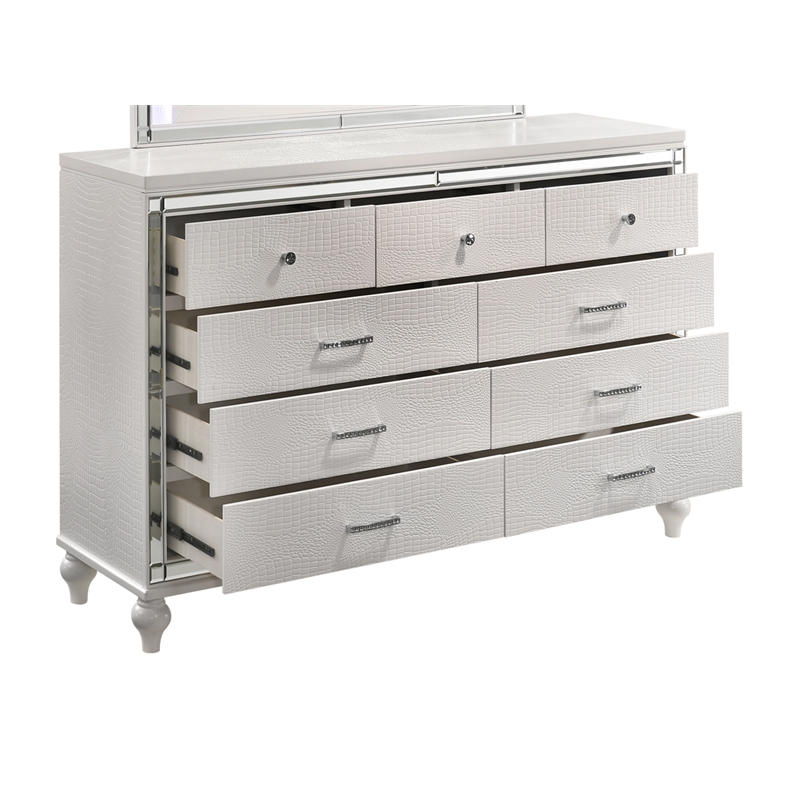 Pemberly Row Contemporary Solid Wood Dresser with 9 Drawers in White
