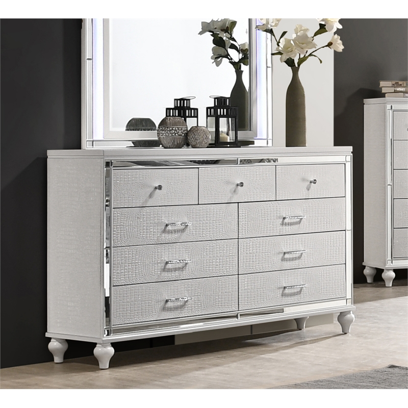 Pemberly Row Contemporary Solid Wood Dresser with 9 Drawers in White