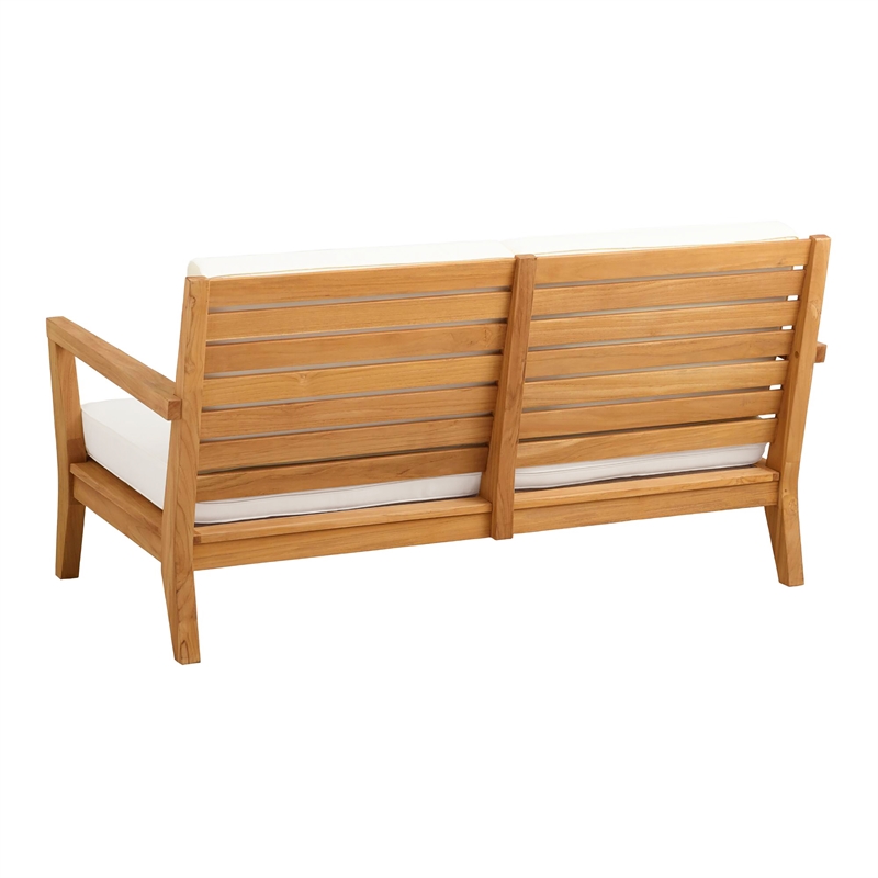 Pemberly Row Outdoor Solid Teak 2 Seat Sofa and UV Resistant Cushions in Natural