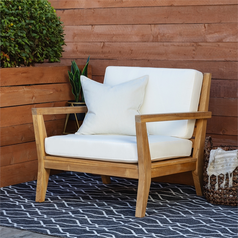 Pemberly Row Outdoor Solid Teak Arm Chair with UV Resistant Cushions in Natural