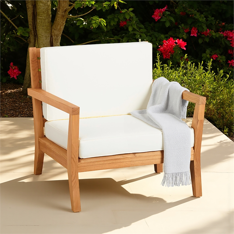 Pemberly Row Outdoor Solid Teak Arm Chair with UV Resistant Cushions in Natural