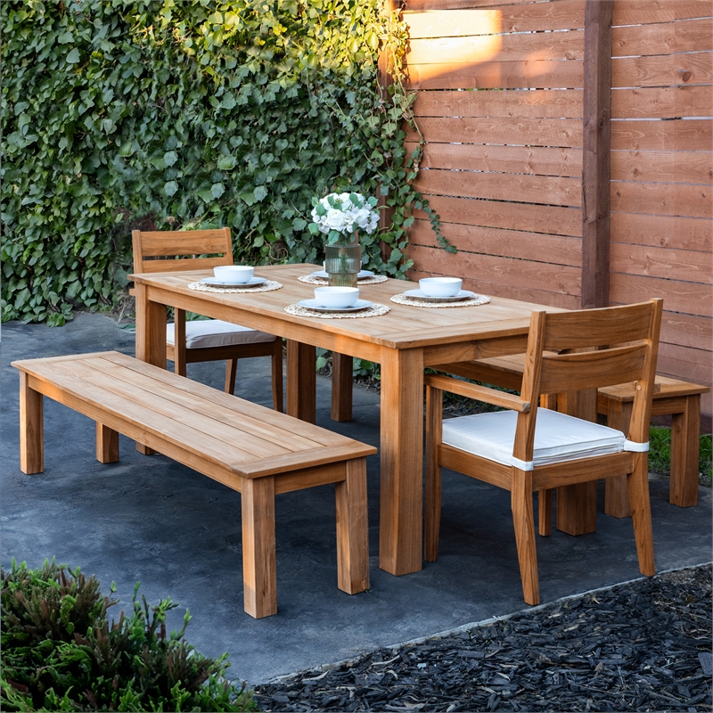 Pemberly Row 5Pc Set Teak Outdoor Table 2 Benches 2 Chairs & Cushions in Natural