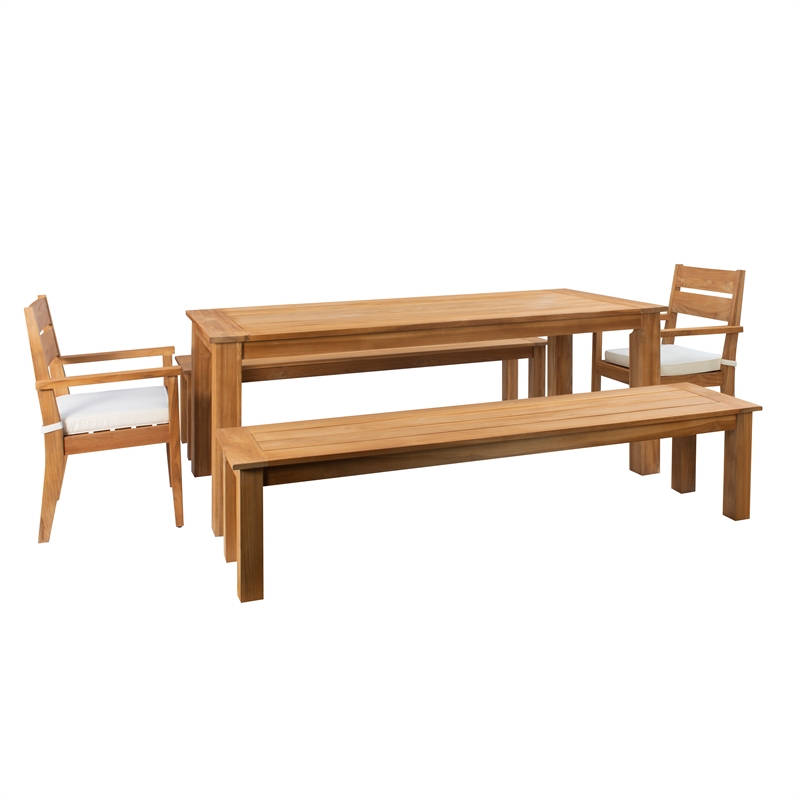 Pemberly Row 5Pc Set Teak Outdoor Table 2 Benches 2 Chairs & Cushions in Natural