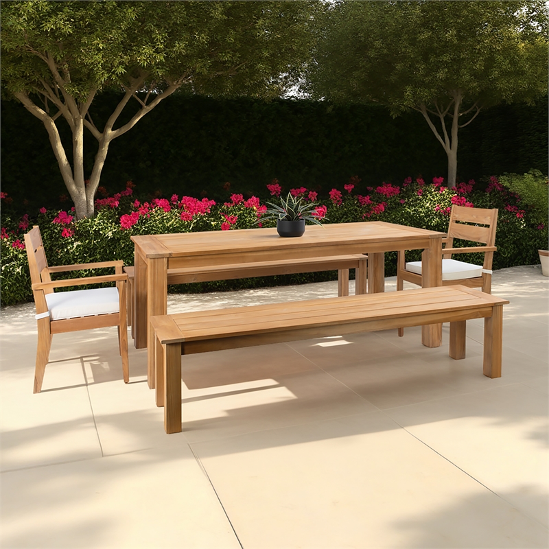Pemberly Row 5Pc Set Teak Outdoor Table 2 Benches 2 Chairs & Cushions in Natural