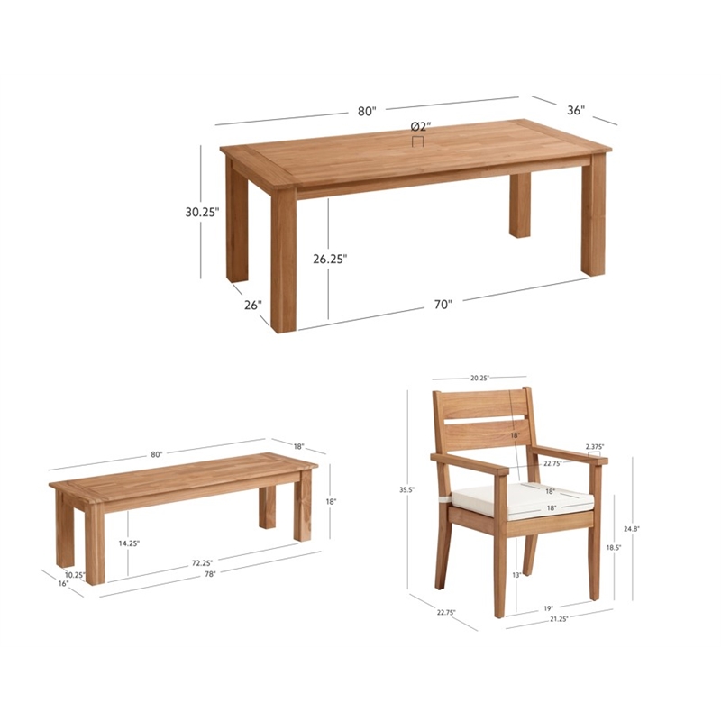 Pemberly Row 5Pc Set Teak Outdoor Table 2 Benches 2 Chairs & Cushions in Natural
