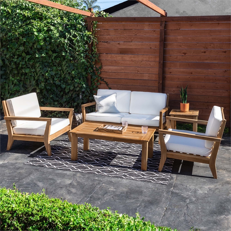 Pemberly Row 5Pc Set Teak Outdoor Sofa 2 Tables 2 Chairs & Cushions in Natural