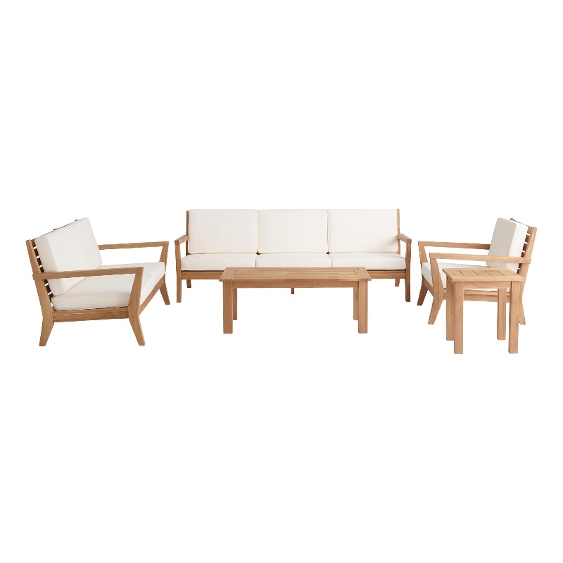 Pemberly Row 5Pc Set Teak Outdoor Sofa 2 Tables 2 Chairs & Cushions in Natural