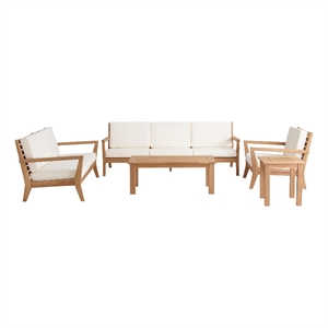 Pemberly Row 5Pc Set Teak Outdoor Sofa 2 Tables 2 Chairs & Cushions in Natural