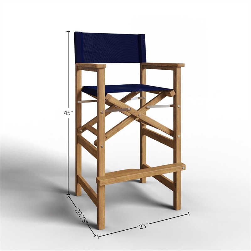 Pemberly Row Modern Teak Outdoor Bar Armchair in Blue
