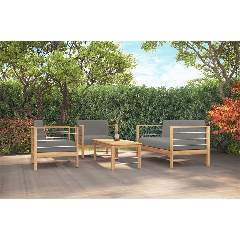 Pemberly Row Modern Teak Outdoor Club Chair with Charcoal Fabric Cushion