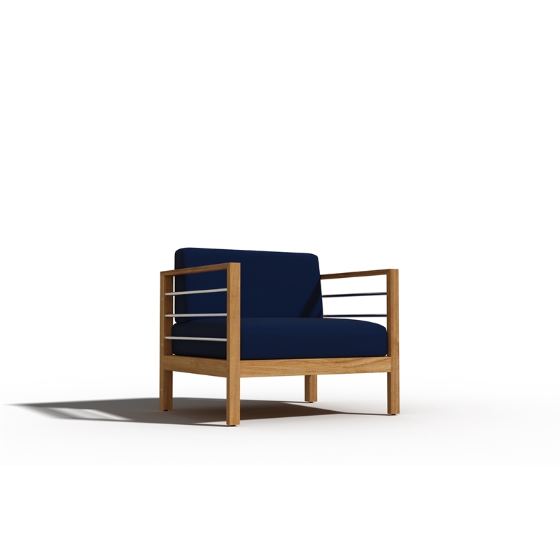 Pemberly Row Modern Teak Outdoor Club Chair with Navy Fabric Cushion