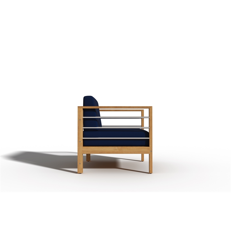 Pemberly Row Modern Teak Outdoor Club Chair with Navy Fabric Cushion