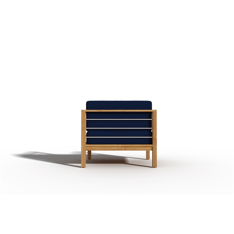 Pemberly Row Modern Teak Outdoor Club Chair with Navy Fabric Cushion