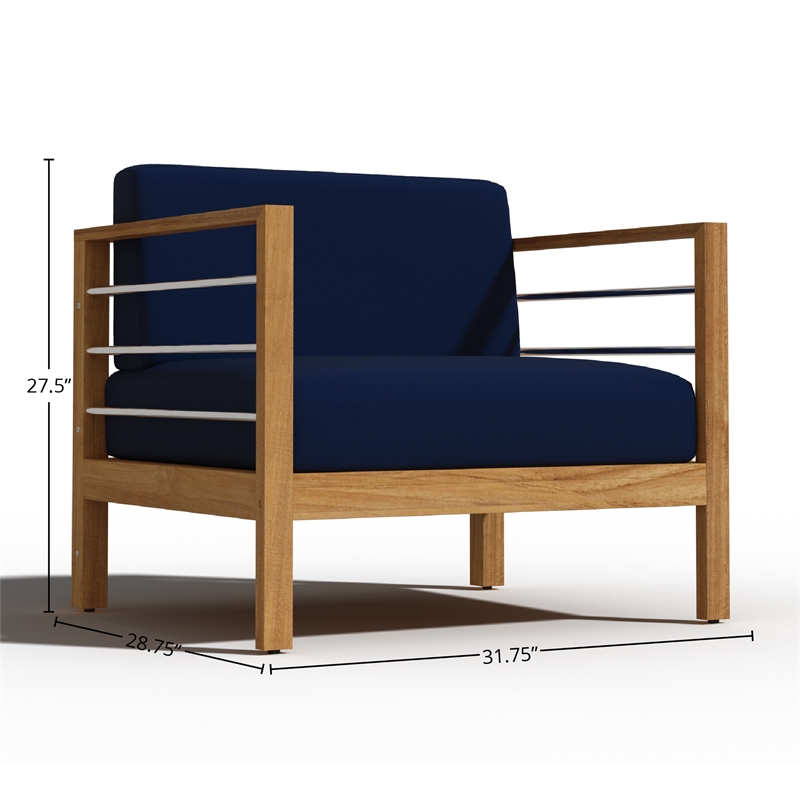 Pemberly Row Modern Teak Outdoor Club Chair with Navy Fabric Cushion