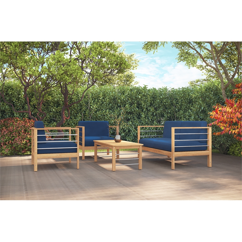 Pemberly Row Modern Teak Outdoor Club Chair with Navy Fabric Cushion