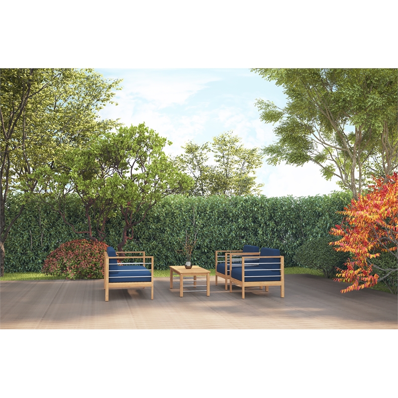 Pemberly Row Modern Teak Outdoor Club Chair with Navy Fabric Cushion