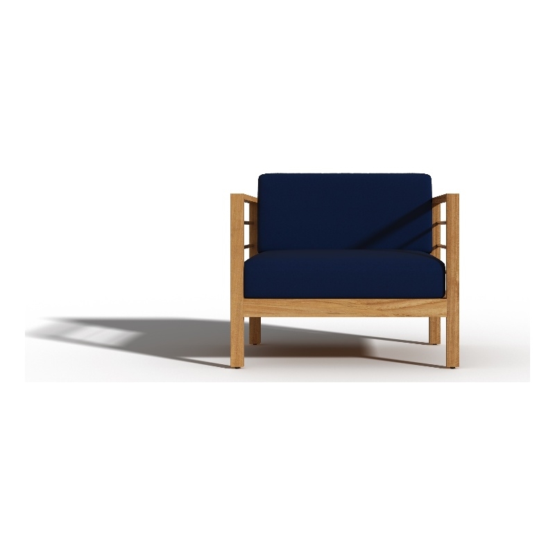 Pemberly Row Modern Teak Outdoor Club Chair with Navy Fabric Cushion