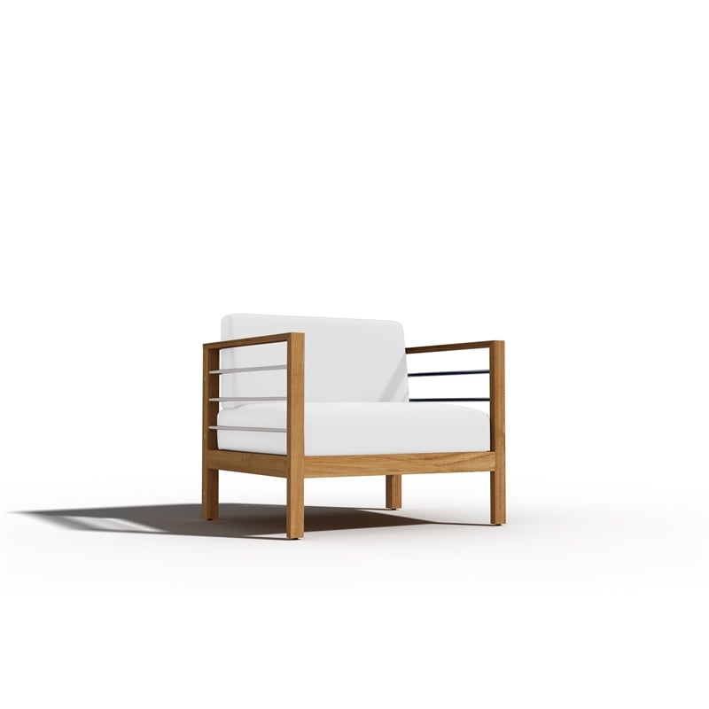 Pemberly Row Modern Teak Outdoor Club Chair with White Fabric Cushion