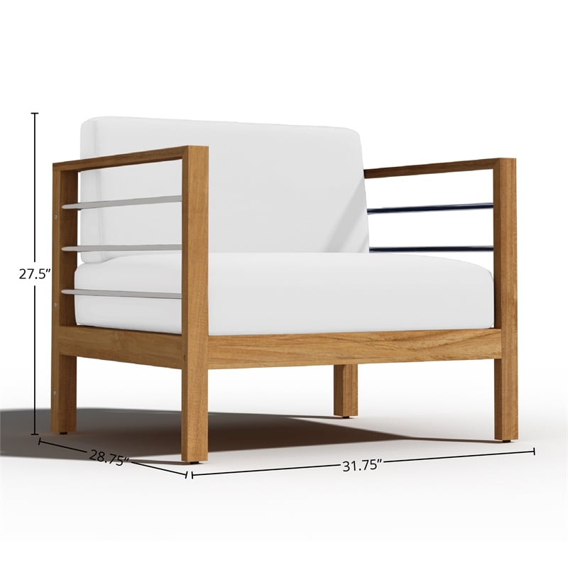 Pemberly Row Modern Teak Outdoor Club Chair with White Fabric Cushion
