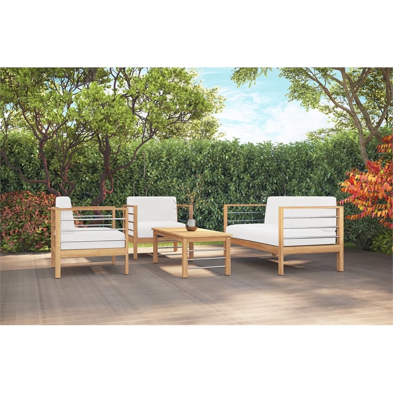 Pemberly Row Modern Teak Outdoor Club Chair with White Fabric Cushion