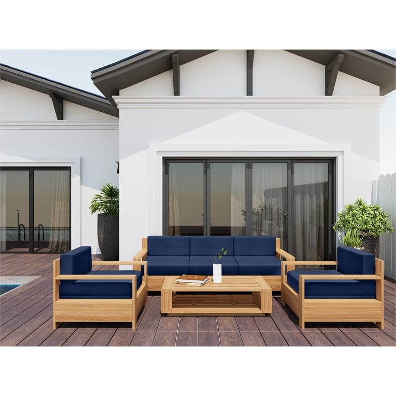 Pemberly Row Modern Teak Outdoor Club Chair with Navy Fabric Cushion