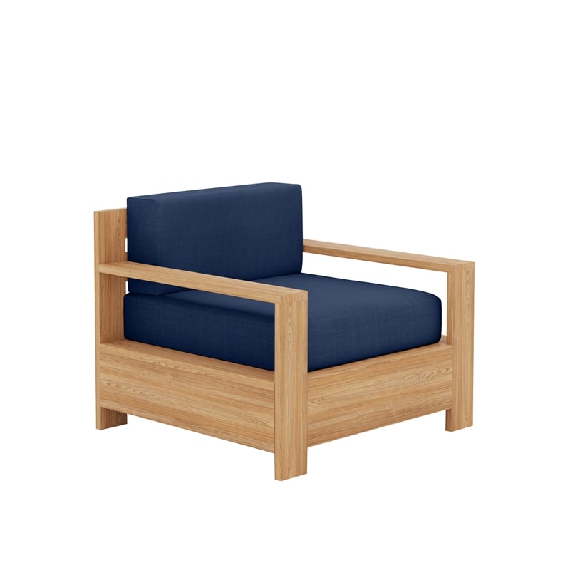 Pemberly Row Modern Teak Outdoor Club Chair with Navy Fabric Cushion