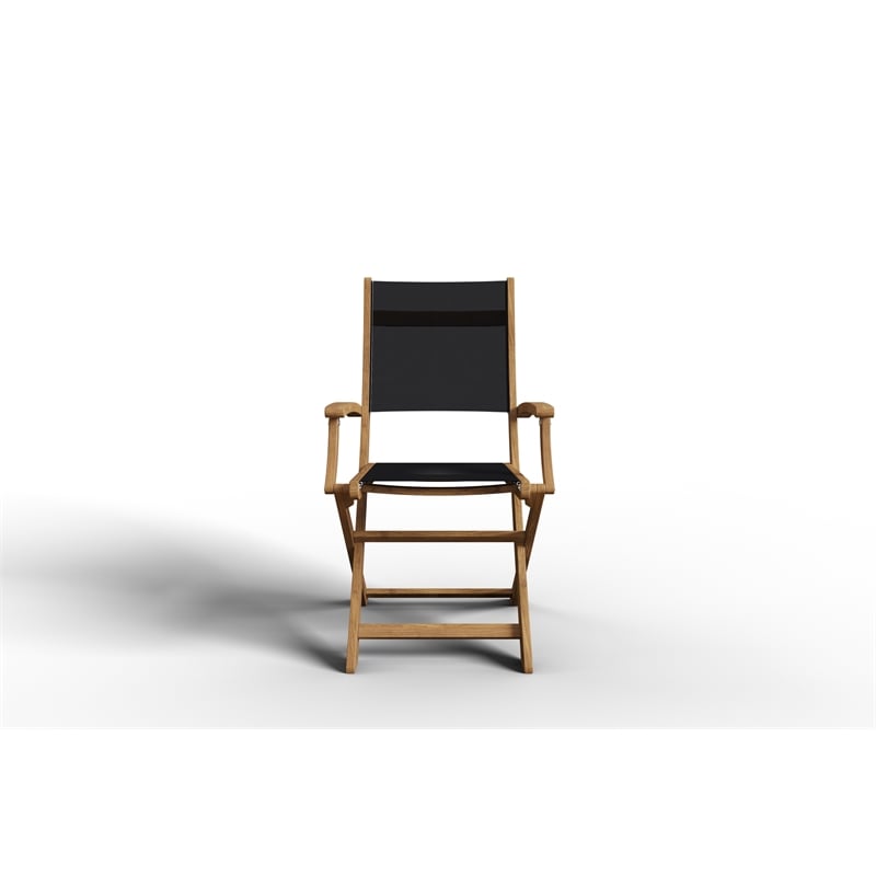 Pemberly Row Modern Teak Outdoor Folding Armchair in Black Dura-Sling Fabric